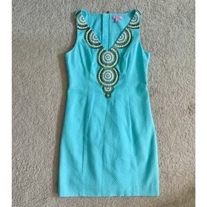 Lilly Pulitzer Aqua Gabby Shift Dress Beaded Resort Cruise Preppy Vacation Sz 2